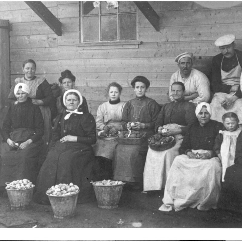 1939-De.aardappelschillers.voor.de.barak.op.Drilleveld-Zittend.v.l.n.r-Toon.de.Kruif-Mw.van.Leersum-Mw.K.Verbeek.met.rondmuts-NN-Mw.v Ramel-1939-HKN.jpg