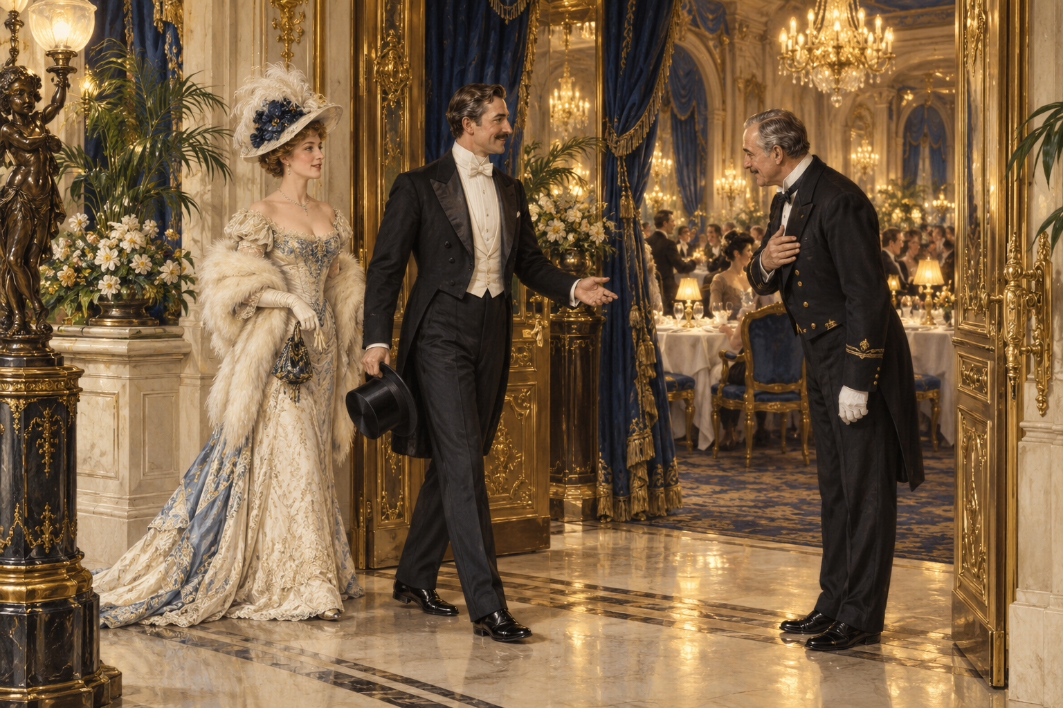 Illustration de style Belle Époque : un couple accueilli dans un restaurant au décor royal