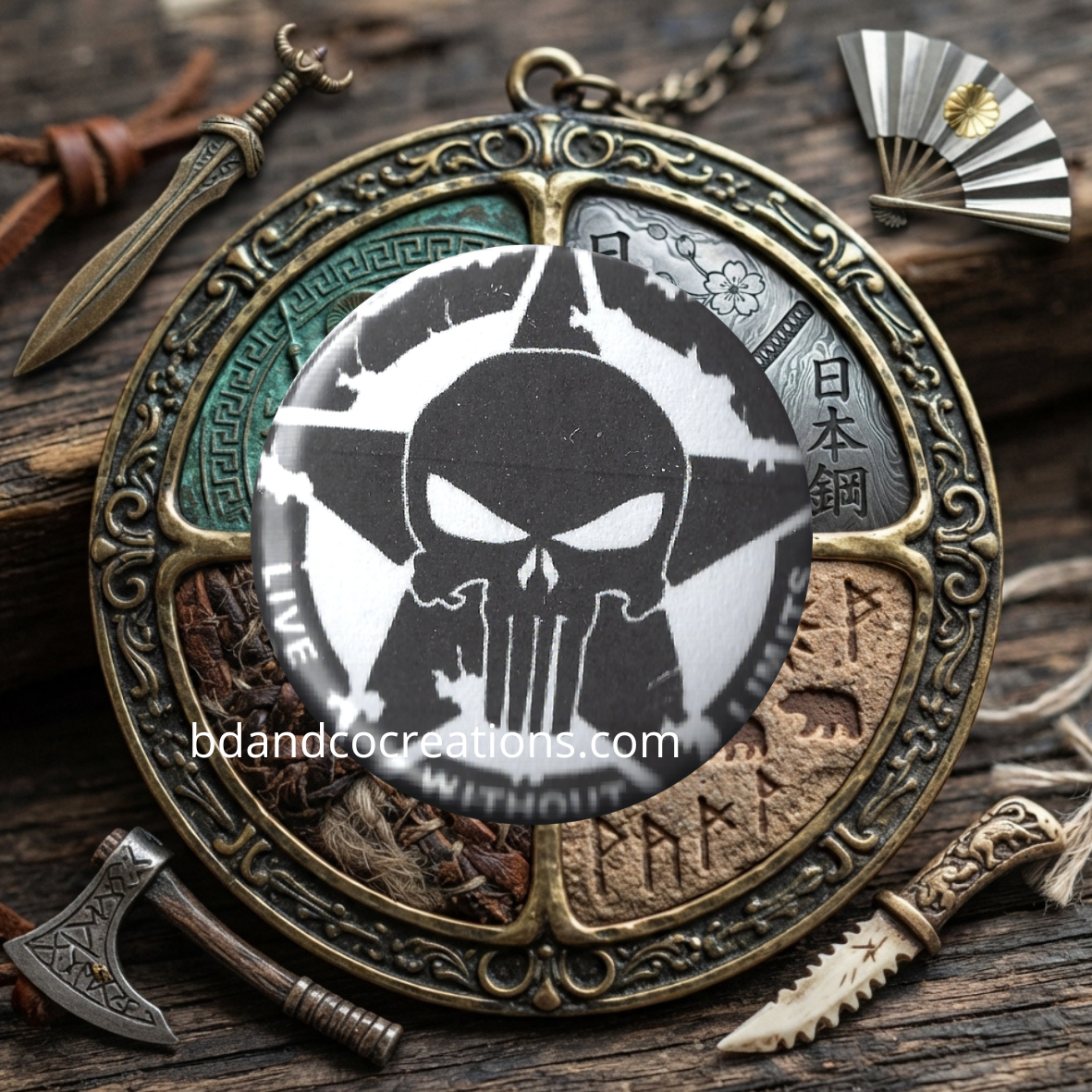 Badges Les Guerriers Ancestraux faits main 🌟 Goodies & Merch Histoire & Légendes (32 mm)