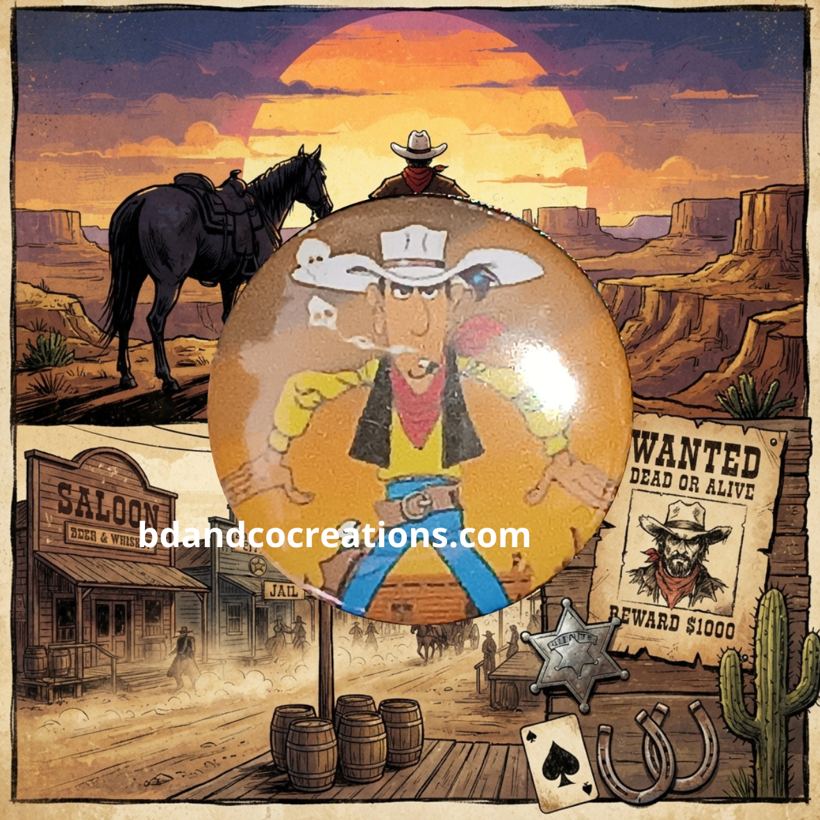 Badges Lucky Luke faits main 🌟 Goodies & Merch Bande Dessinée (32 mm)