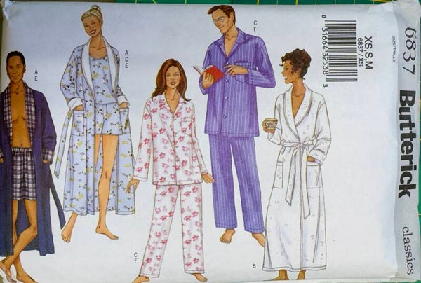 Butterick 6837 – Unisex naaipatroon voor badjas, pyjama, top en shorts XS/S/M