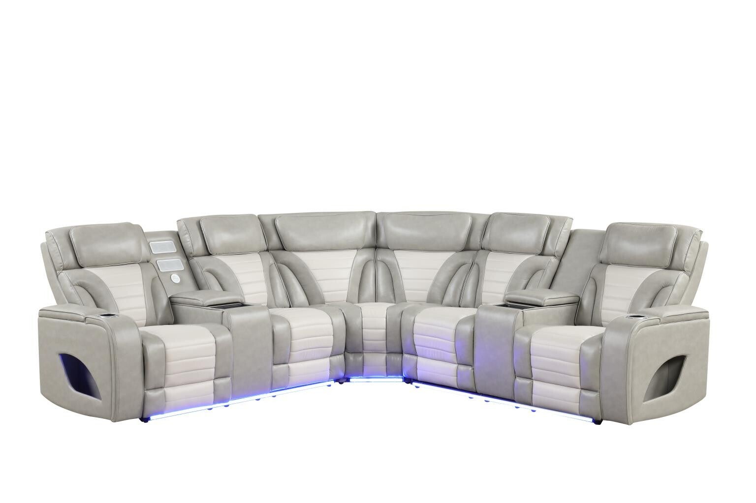 Atlas - Gray & Ice 3PCS Power Recliner Sectional with Power Headrest, Console, Wireless Charging, Speaker, LED. USB Charger, Cup Holder
