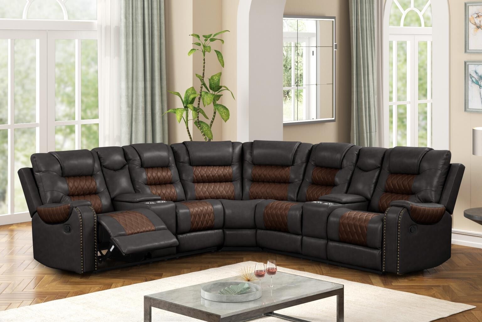 Ohio - Manual Recliner Sectional with Storage Console, Power Source, USB Charger, Cup Holder