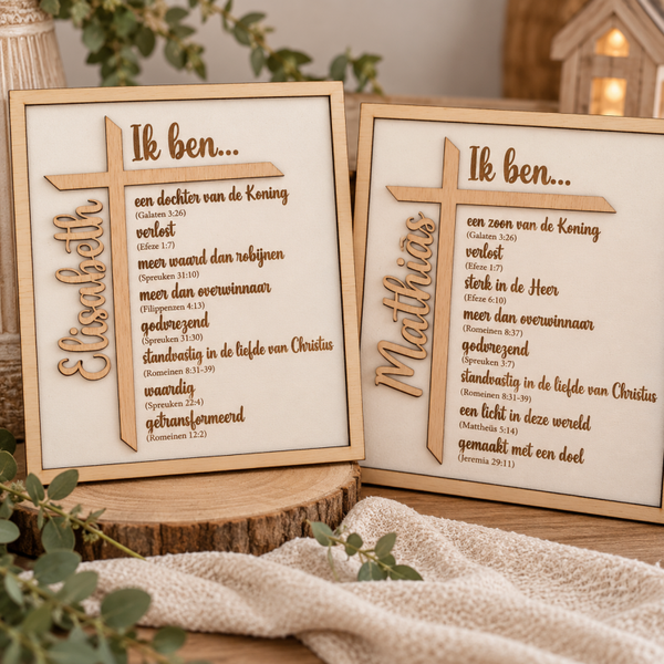 Houten naambord met Bijbelse teksten