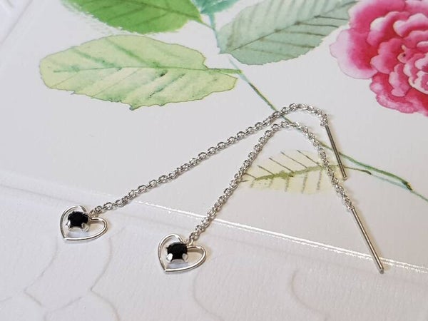 925 Sterling Silver pull-through Earrings with hearts / black zirconia
