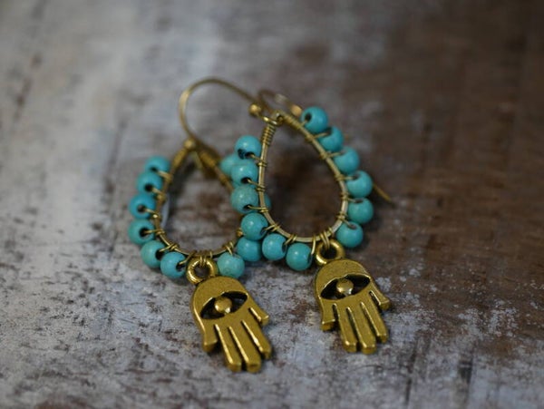 Wire Earrings with 3mm Seeds beads./ Turq blue 001