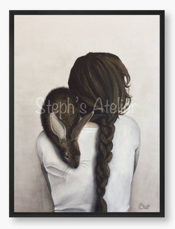 Ingelijste afbeelding “Meisje met konijntje” zonder passe-partout