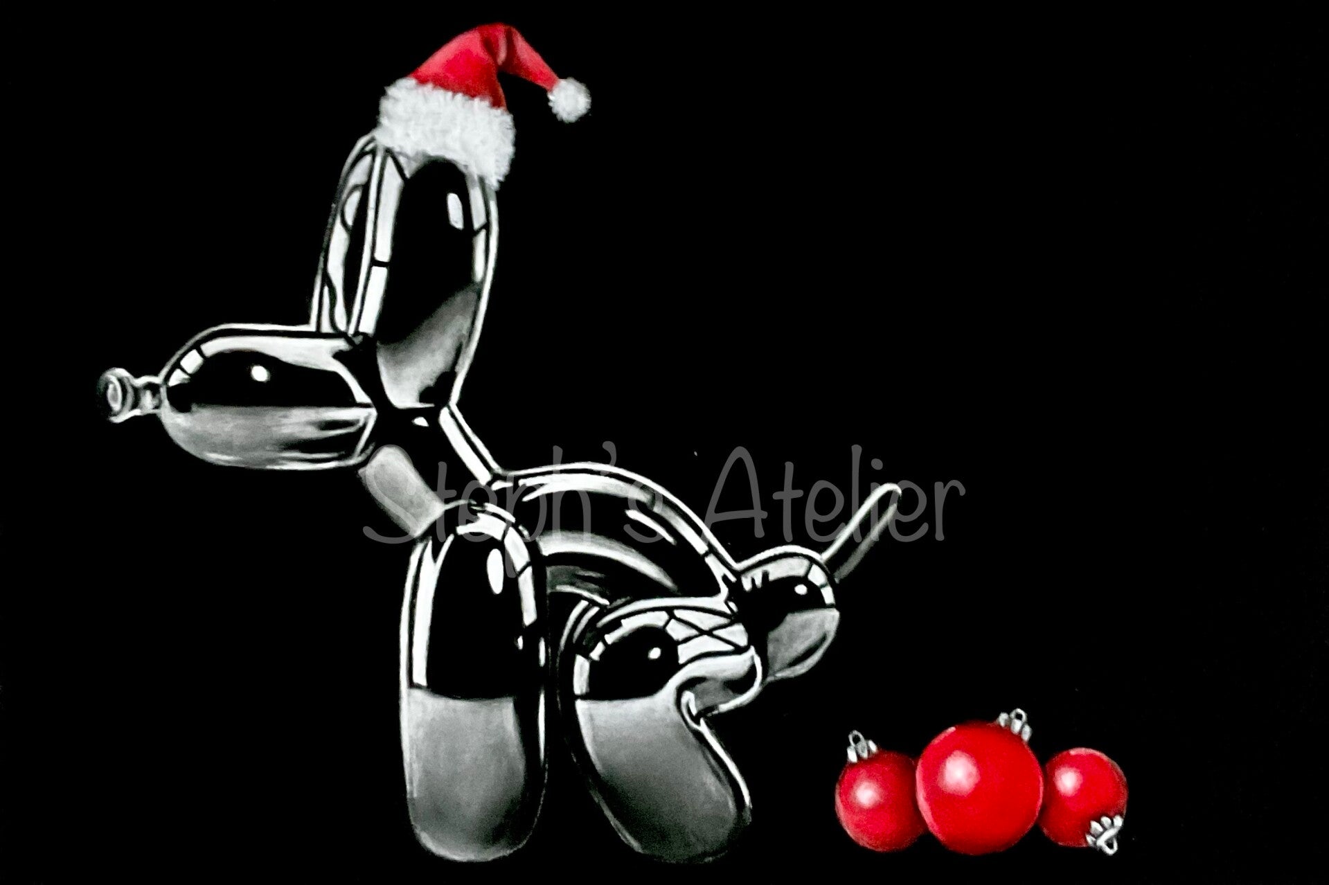 Framed pastelpainting Christmas pooping dog/  Ingelijste pasteltekening Kerst pooping dog