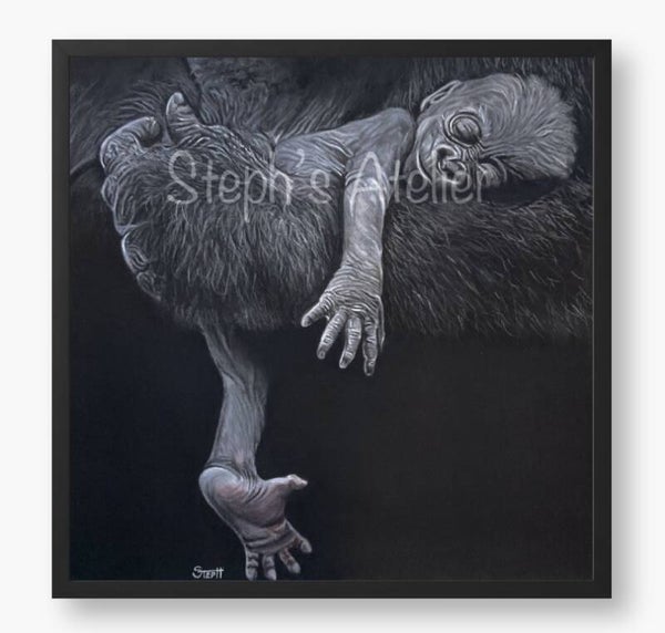 Ingelijste afbeelding “Gorilla baby op moeders arm” zonder passe-partout