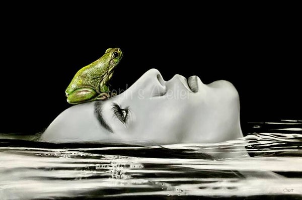 Framed pastelpainting Waiting for my prince /  Ingelijste pasteltekening Waiting for my prince