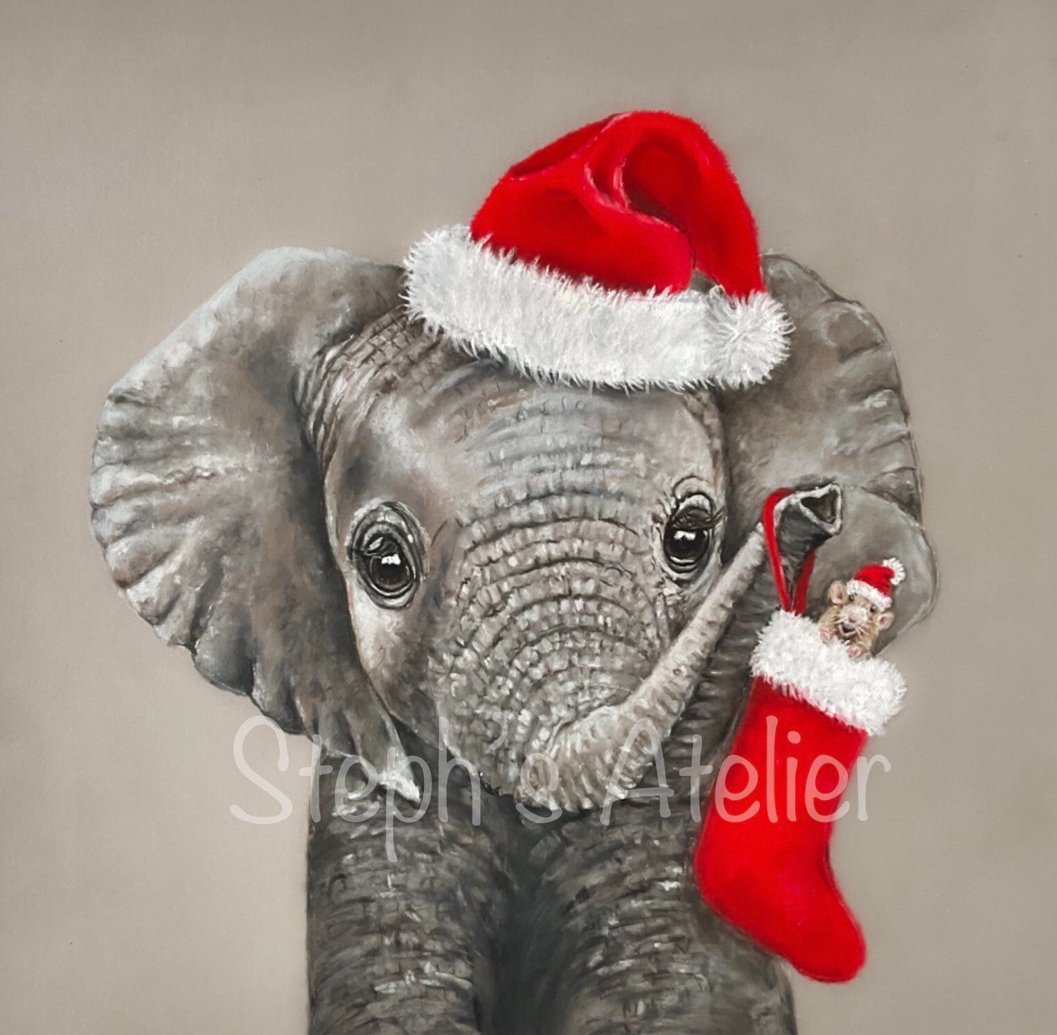 Framed pastelpainting Christmas elephant and friend /  Ingelijste pasteltekening Kerstolifantje en vriend