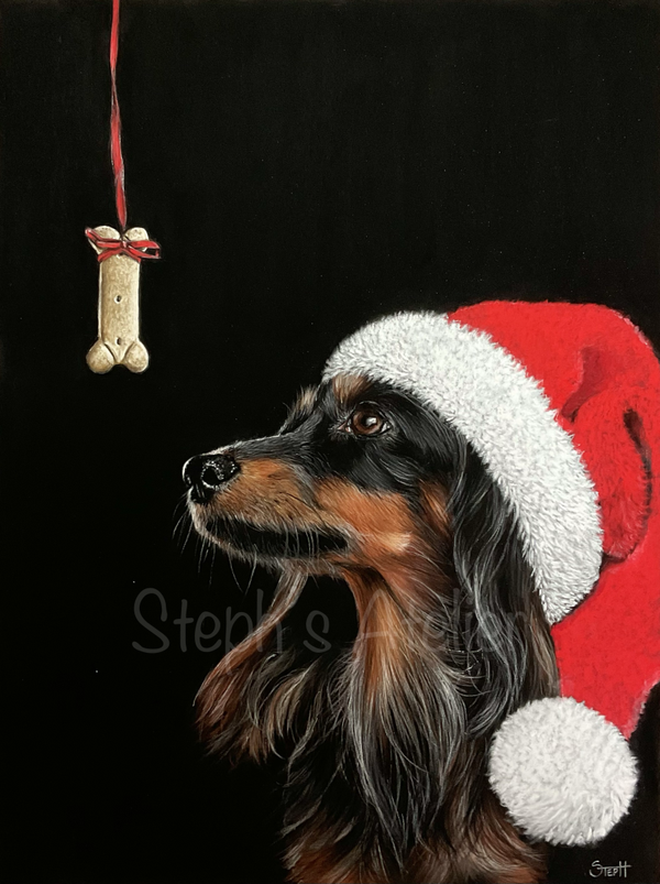 Originele pasteltekening Kerst Teckel Dunya 30x40cm, incl. lijst met passe-partout