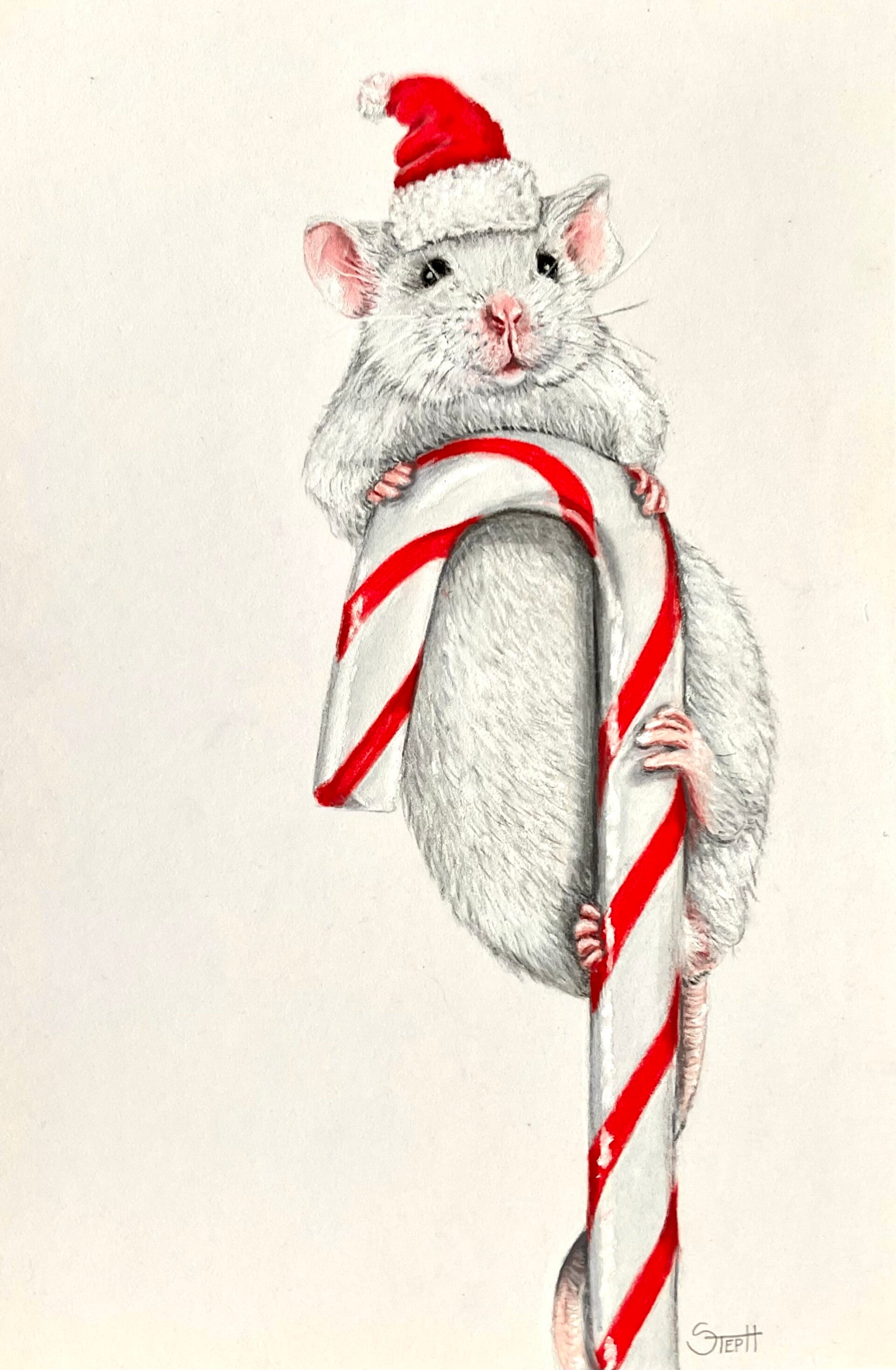 Framed pastelpainting Christmas mouse /  Ingelijste pasteltekening Kerstmuisje