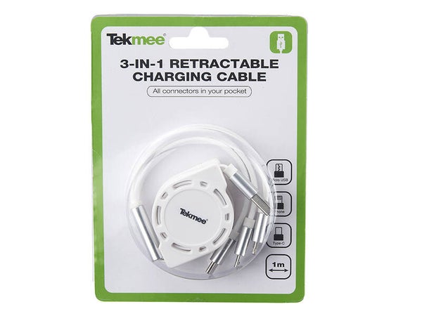 Tekmee Ladekabel USB auf USB-C, Micro-USB, Lightning "3 in 1" ausziehbar; 1m, weiß