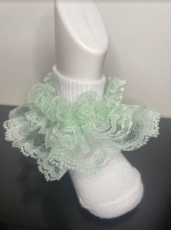 Aniya Rose Mint Green & White Lace Ruffle Socks