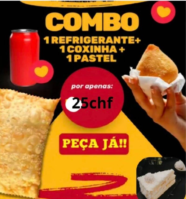 COMBO : PASTEL DE FEIRA + COXINHA + BOLO GELADO + BEBIDA