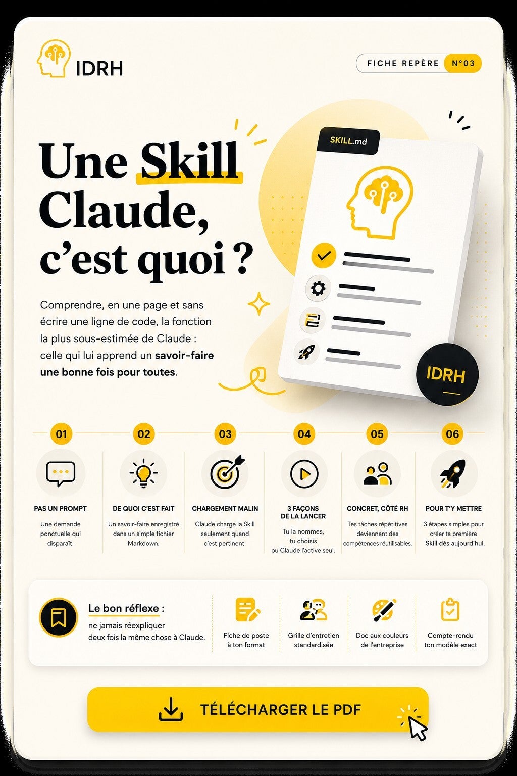 Guide PDF IDRH : Les Skills de Claude. Comprendre et utiliser la mémorisation de l'IA sans écrire une ligne de code.