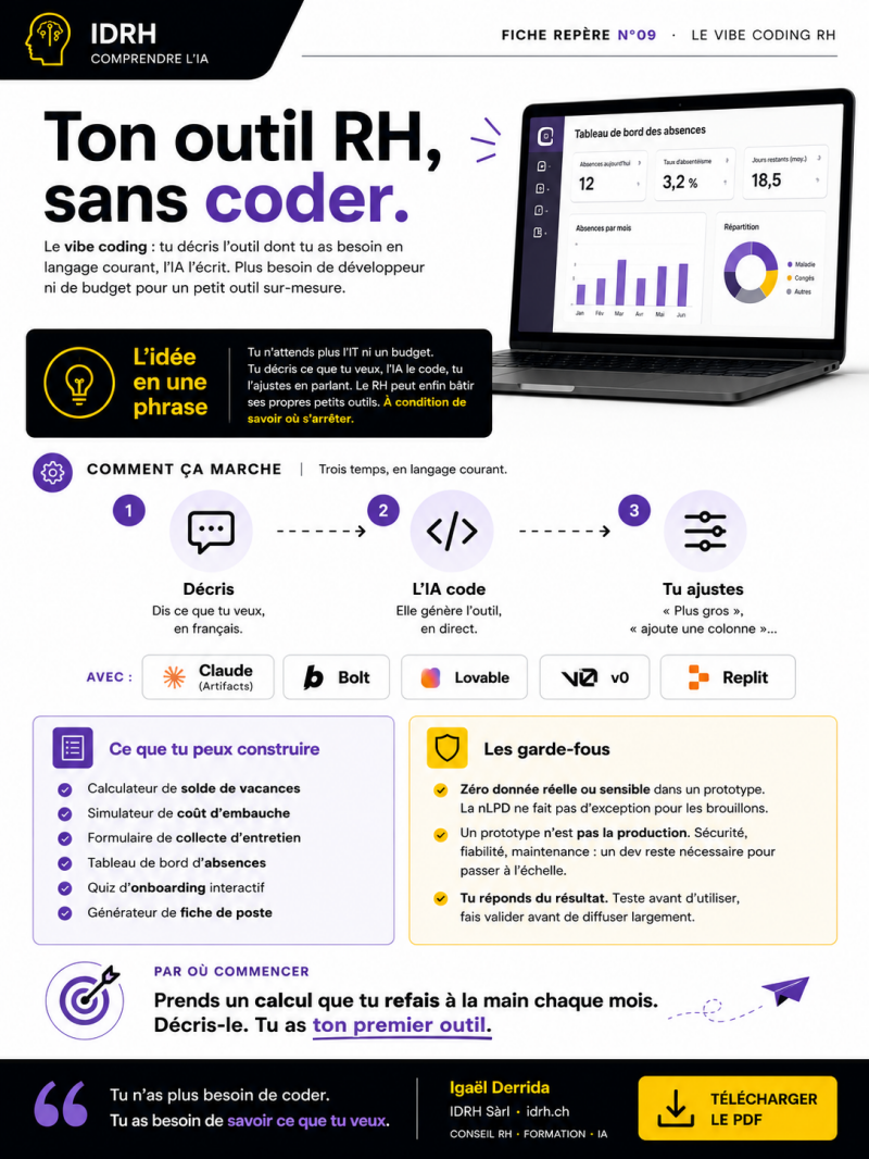 Guide PDF IDRH : Le vibe coding RH. Décrire et construire ses propres petits outils RH sur-mesure sans coder.