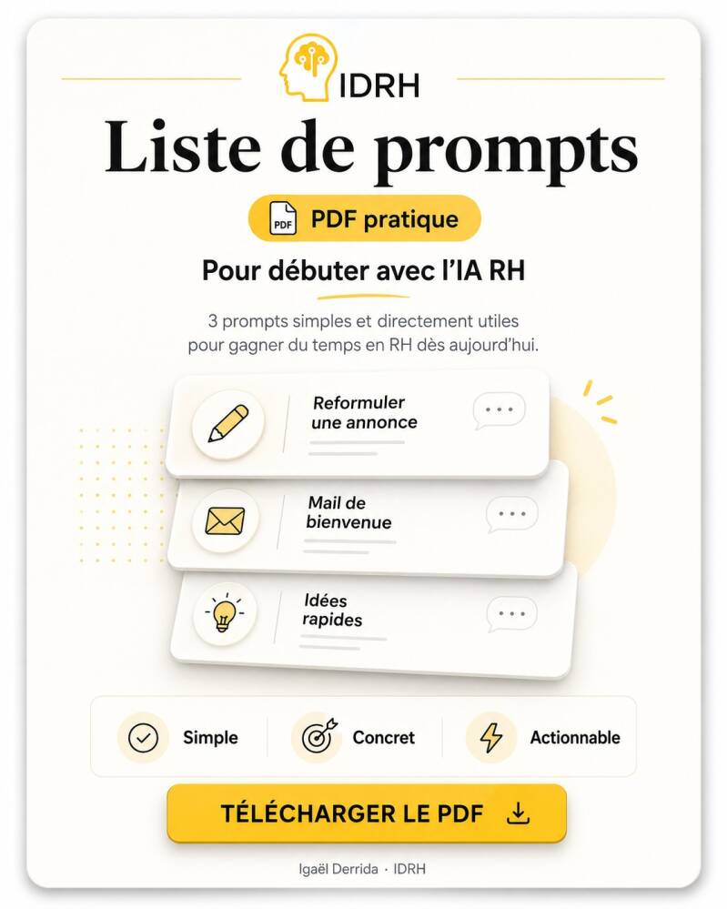 Guide PDF IDRH : Liste de prompts IA & RH. Les requêtes essentielles pour débuter.