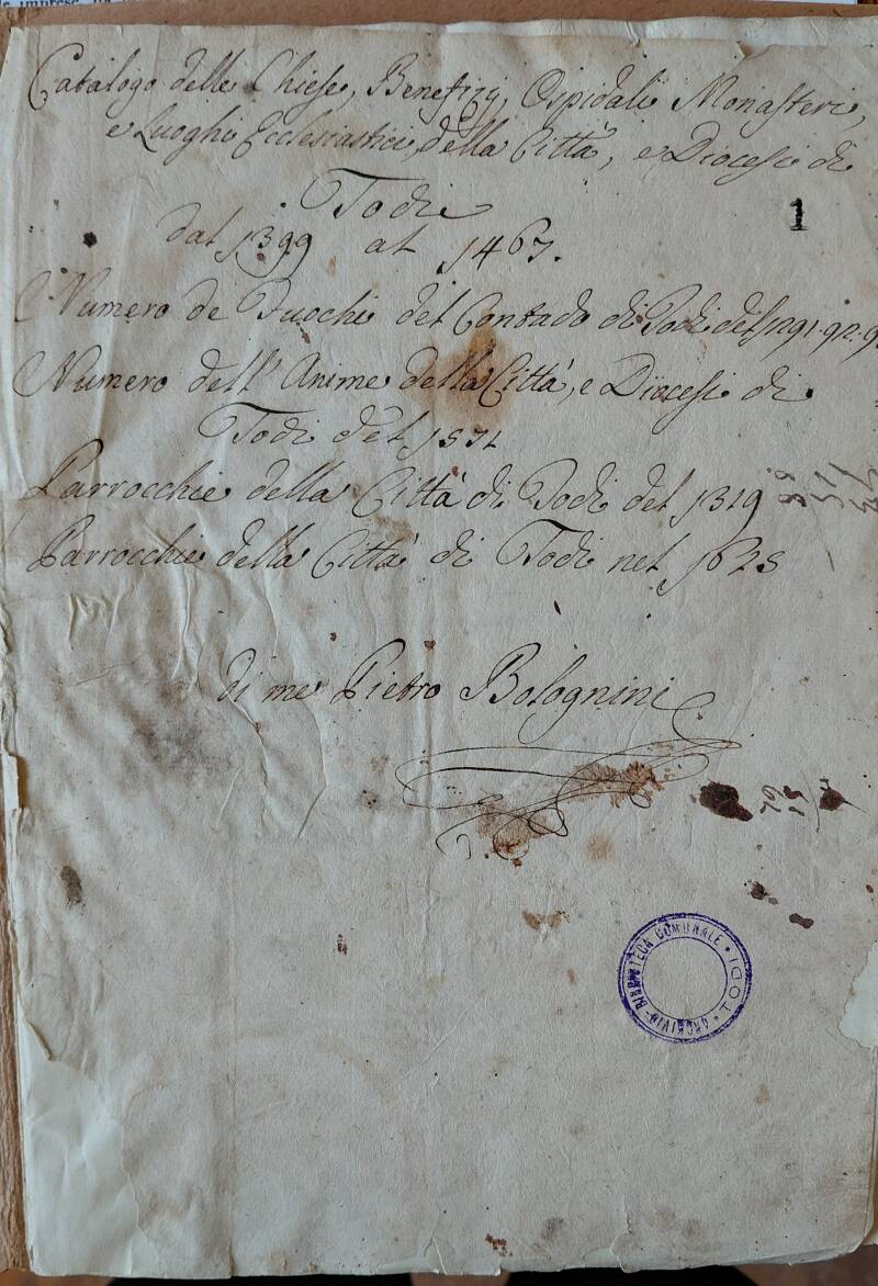 Frontespizio originale con timbro catalogo di Chiese di Todi di Pietro Bolognini