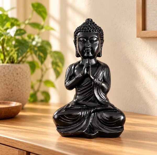 Zwarte Boeddha beeldje van polyresin – 16 cm