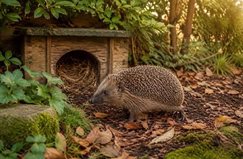 Egel bij een houten egelhuis in een groene tuin