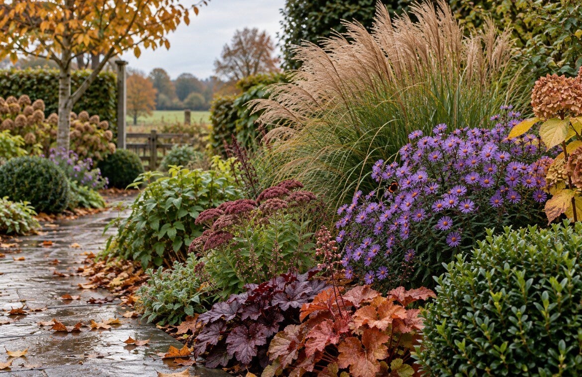 Herfstborder met siergrassen, paarse asters en kleurrijke vaste planten langs een tuinpad - JWS Garden Solutions