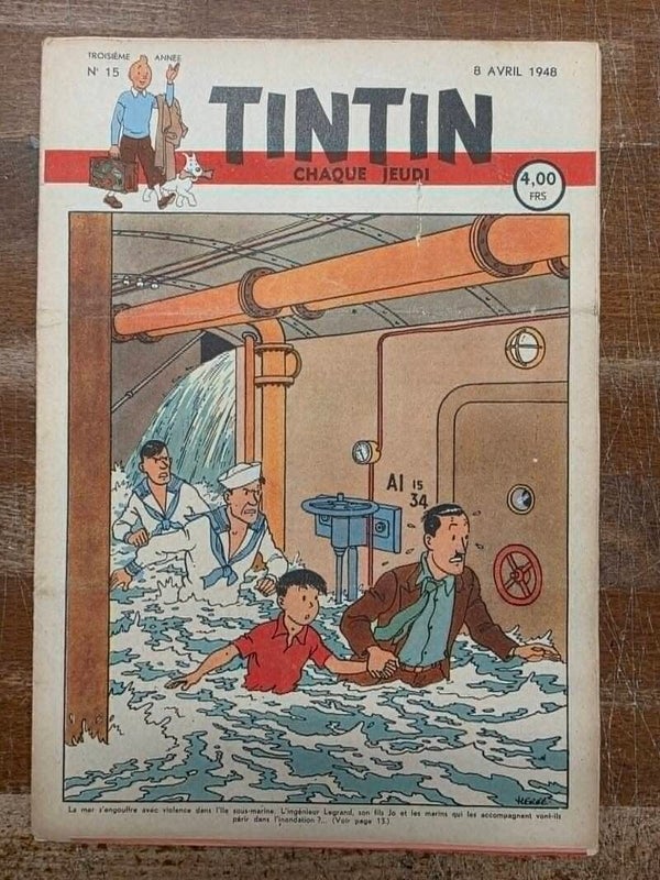 HERBDOMADAIRE TINTIN - 3EME ANNEE - N° 15 - 8 AVRIL 1948 - COUVERTURE HERGE