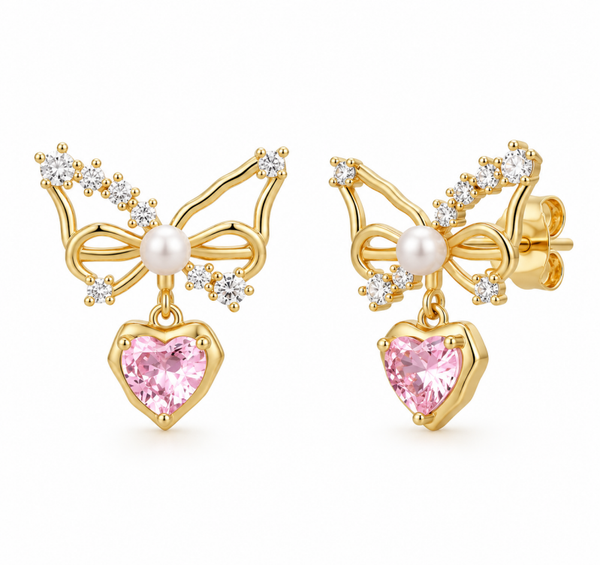 Pink Heart Butterfly Studs