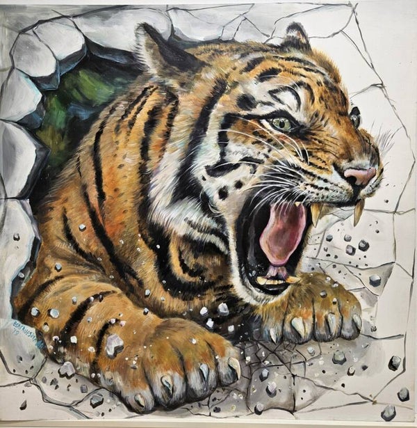 tijger door muur op paneel