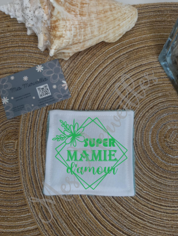 *Lingette démaquillante " Mamie Double carré vert super mamie "