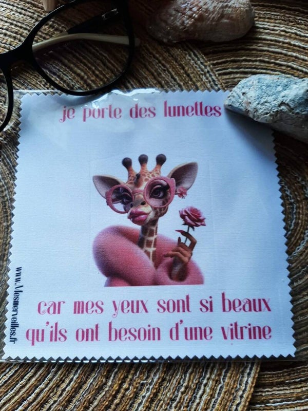 Lingette, chiffon, essuie lunettes micro fibre Mes yeux Girafe rose