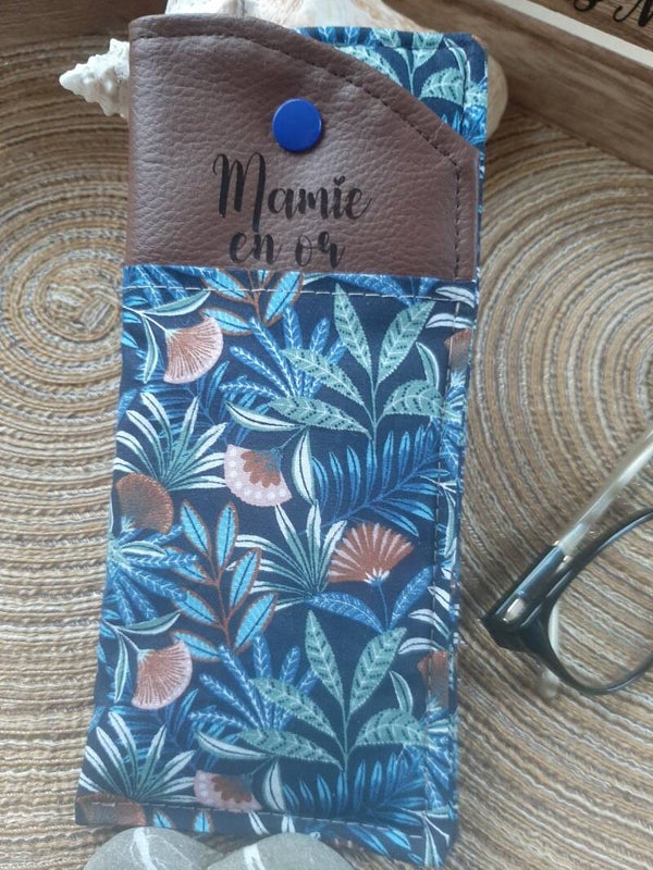 Étui à lunettes "Mamie en or" Feuille Bleu
