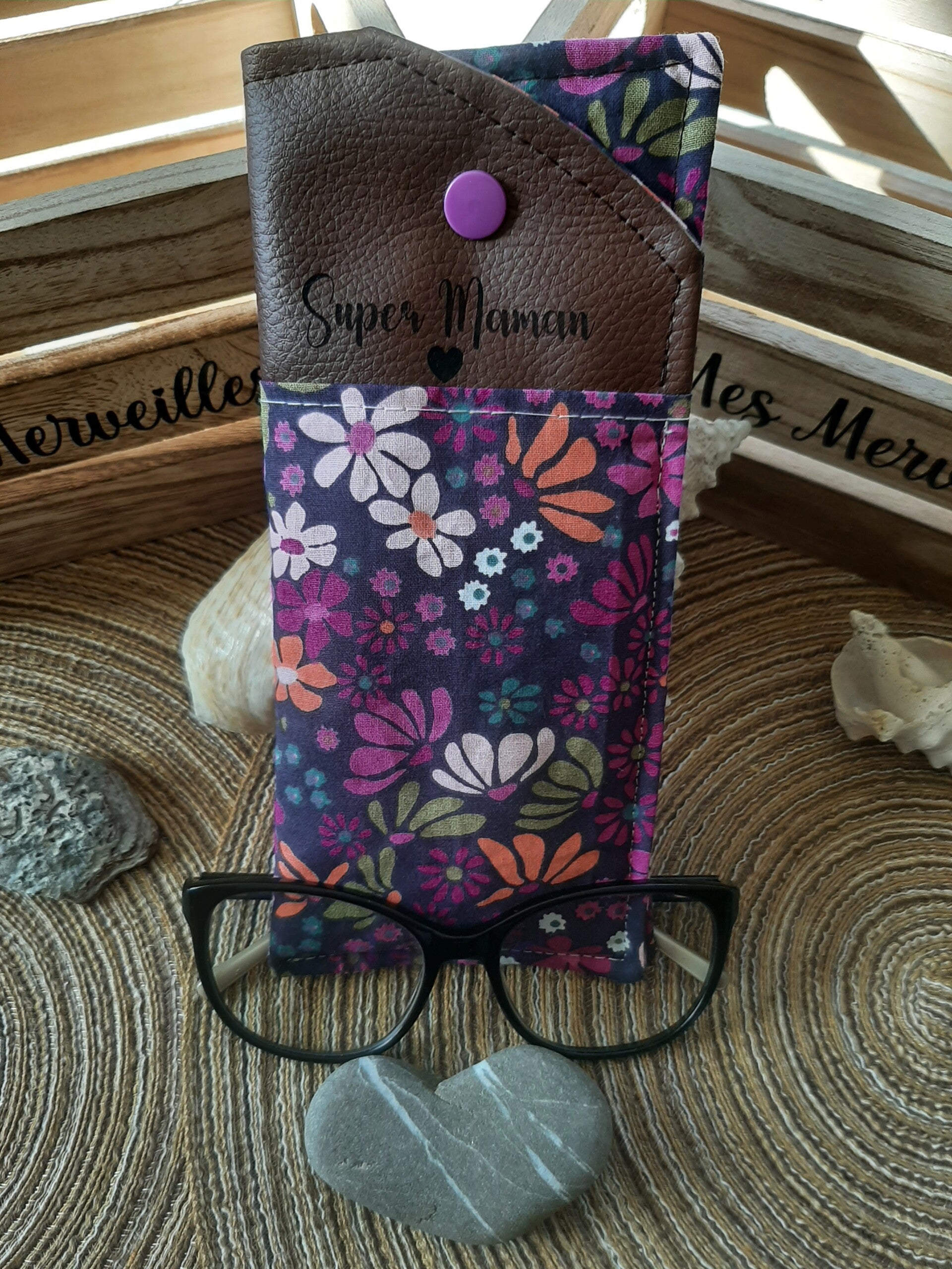 *Étui à lunettes personnalisable Fleurs colorés Violette