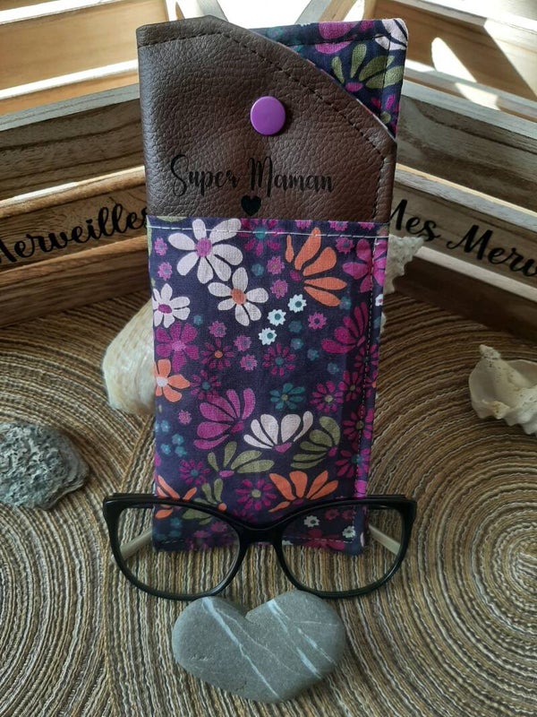 *Étui à lunettes "Fleurs colorés Violette Super Maman"