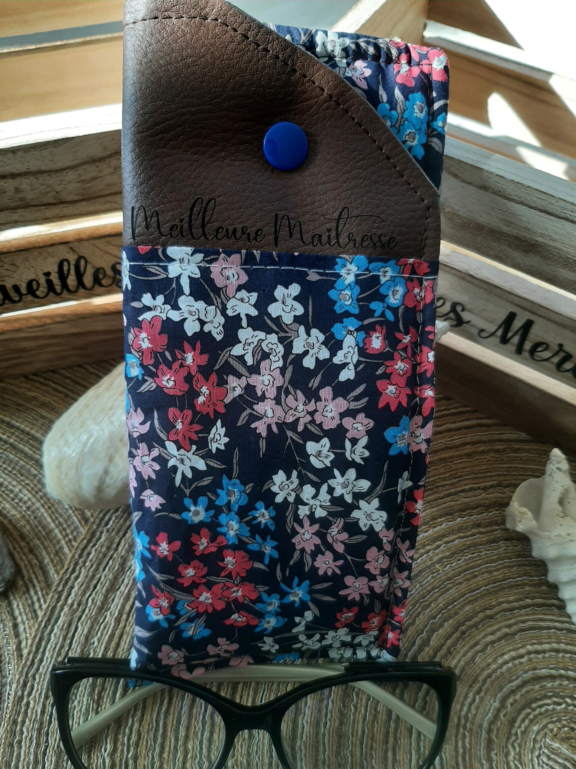*Étui à lunettes personnalisable Fleurs colorés Bleu