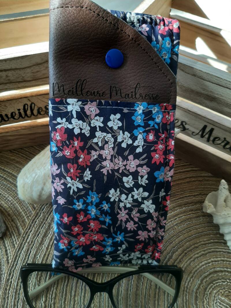 *Étui à lunettes "Fleurs colorés Bleu Meilleure Maîtresse"