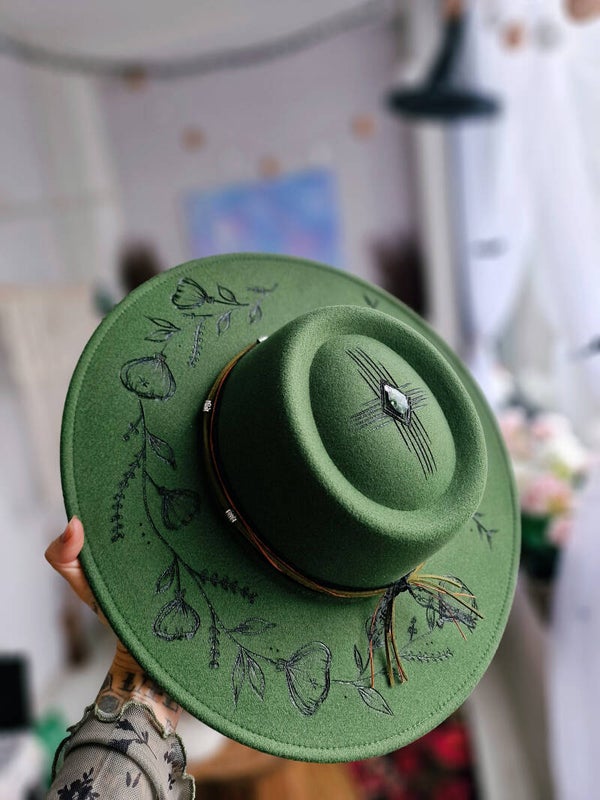 Hand burned hat with crystal