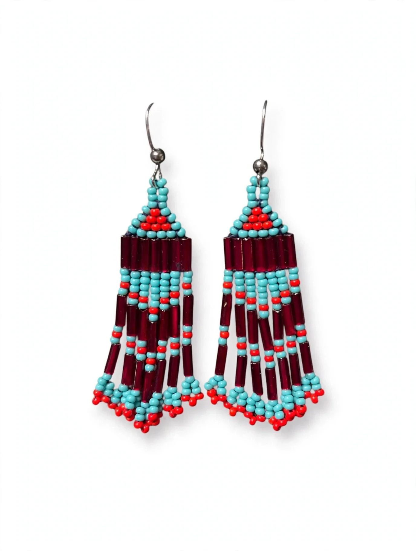 Turquoise, Red & Burgundy Beaded Fringe Earrings