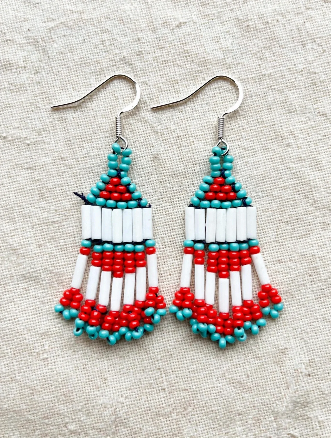 Native-Inspired Beaded Tassel Earrings | Turquoise Red White