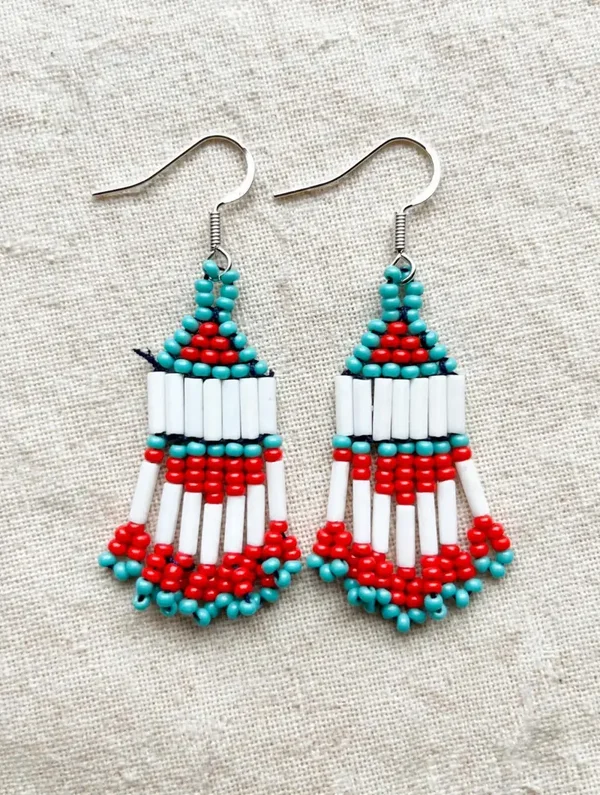 Native-Inspired Beaded Tassel Earrings | Turquoise Red White