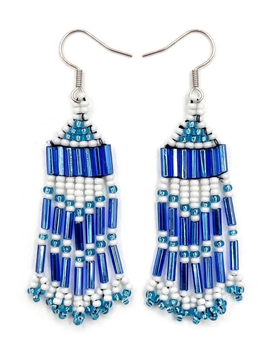 Native American Style Bugle Striped Fringe Seed Bead Earrings in Blue & White