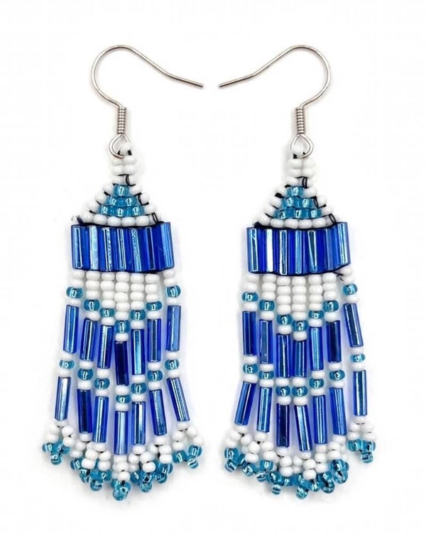 Native American Style Bugle Striped Fringe Seed Bead Earrings in Blue & White