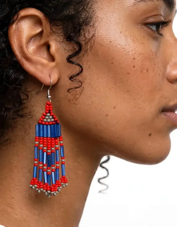 Handmade Red and Blue Bugle Bead Fringe Earrings | Boho Americana Statement Earrings