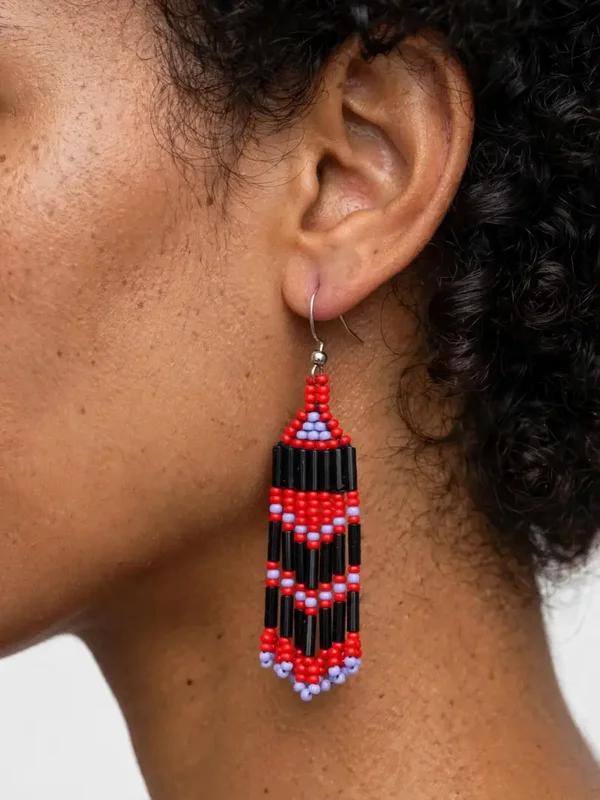 Handmade Red Black Bugle Bead Earrings | Lavender Accent Statement Fringe Earrings
