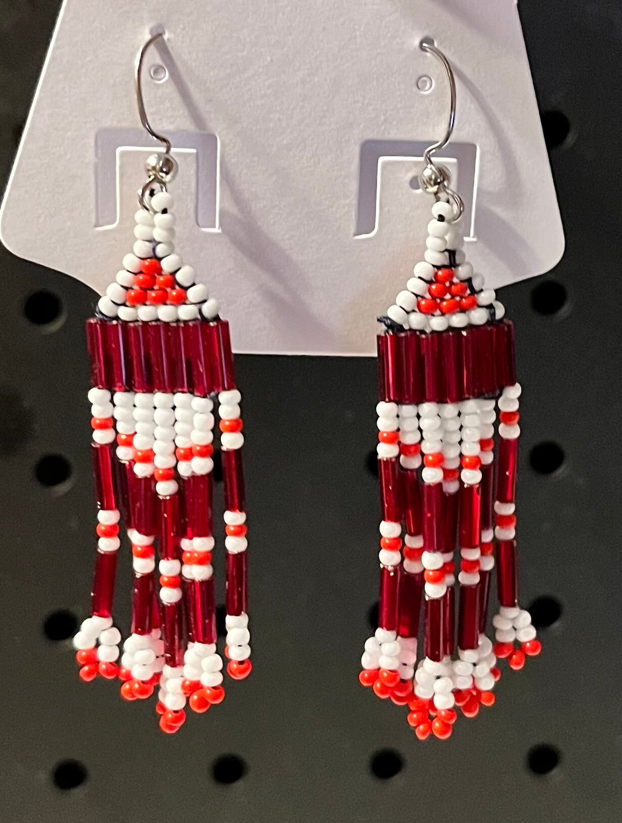 Handmade Red White Bugle Bead Earrings | Candy Cane Statement Fringe Earrings