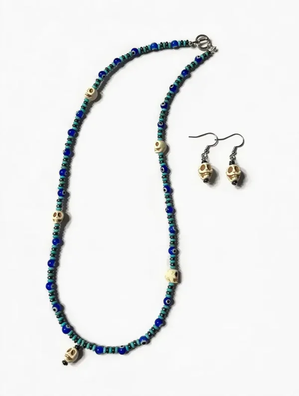 Boho Gothic Evil Eye & Skull Beaded Necklace Set - Turquoise Seed Bead Choker with Skull Pendant + Matching Earrings