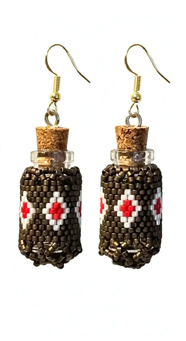0059- Beaded Mini Bottle Earrings - Bronze Peyote with Red Diamond - Handmade Boho Potion Bottle Earrings