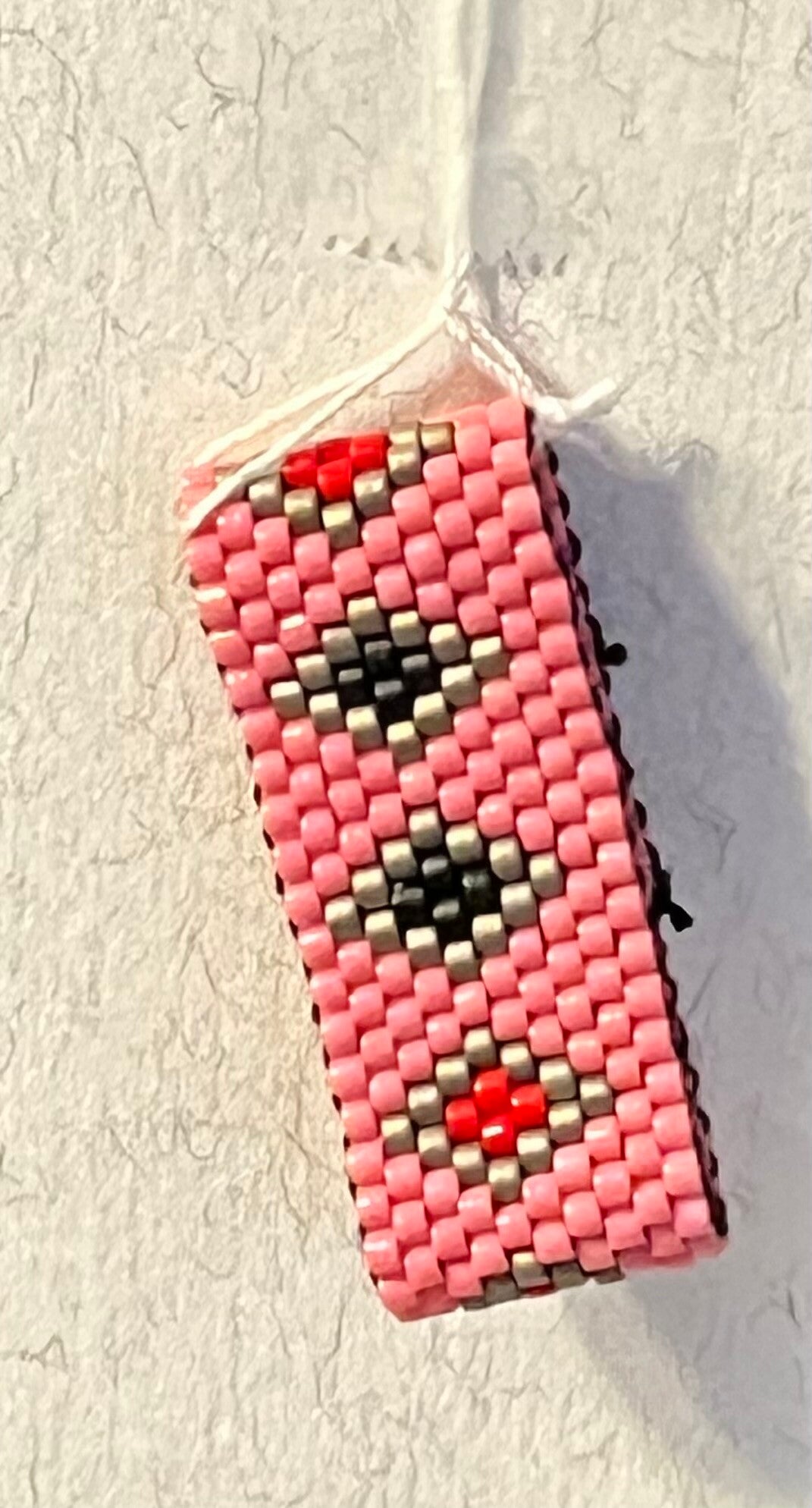 0060- Pink Beaded Peyote Ring - Size 9 - Red Black Silver Diamond - Handmade Miyuki Ring