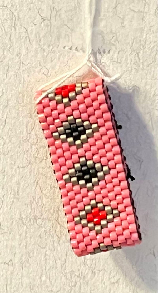 0060- Pink Beaded Peyote Ring - Size 9 - Red Black Silver Diamond - Handmade Miyuki Ring